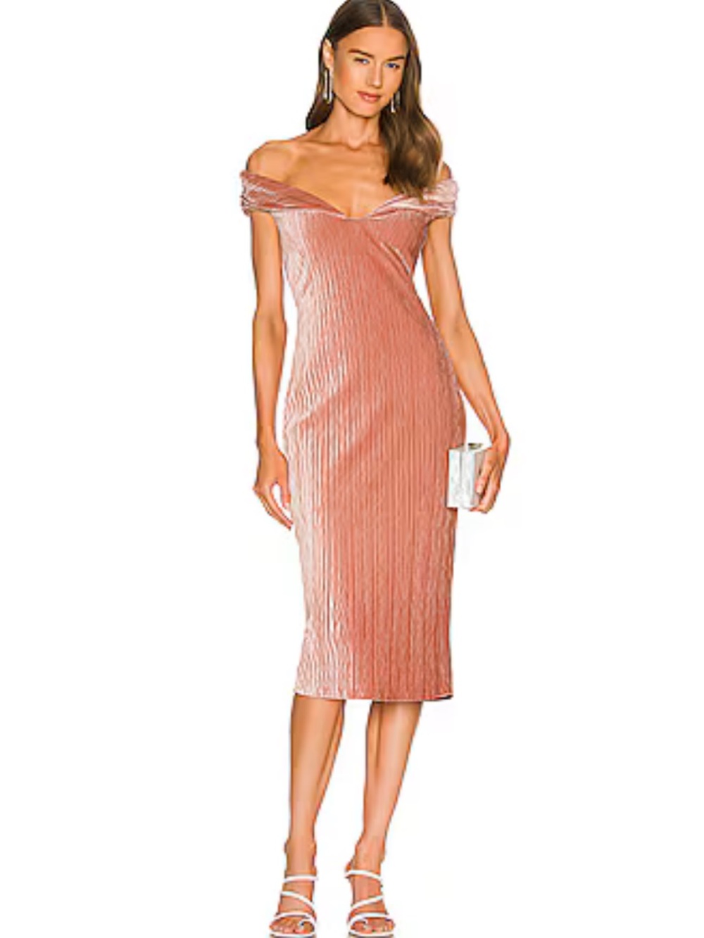 Michael Costello x Revolve Off-Shoulder Velvet Midi Dress in Mauve